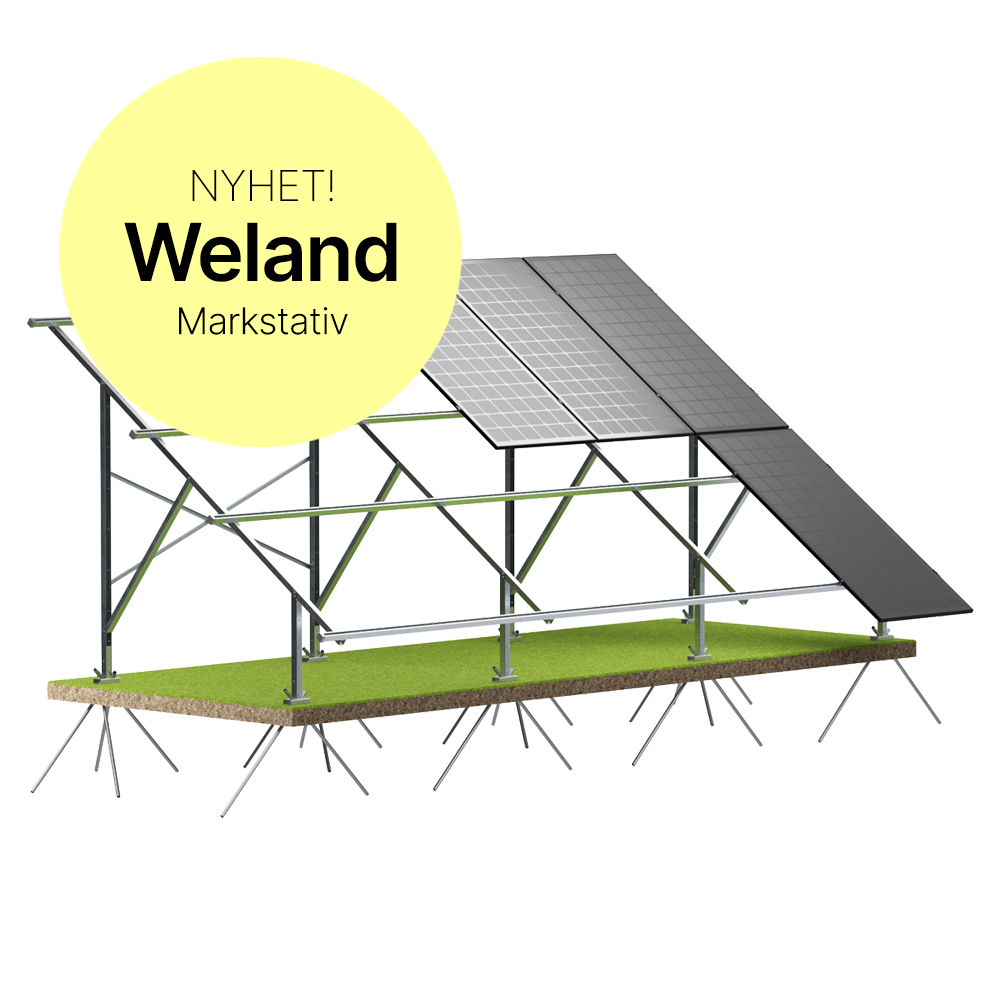 Weland Markstativ – robust montagesystem för markmonterade solpaneler, utvecklat för nordiska förhållanden.